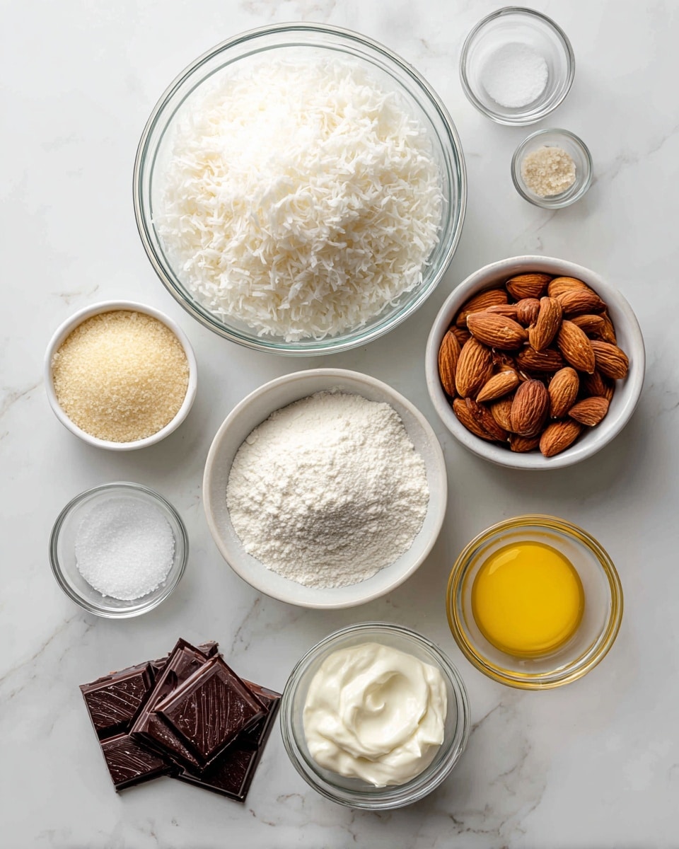The image shows several glass and white bowls with different ingredients arranged neatly on a white marbled surface. At the top center is a large clear glass bowl filled with white shredded coconut. To the right is a smaller clear glass bowl with whole brown almonds. Below the shredded coconut and almonds, a white bowl filled with a white powder sweetener is placed. On the left side, a small white dish holds light beige xanthan gum and salt. Below this, a white bowl contains white heavy cream. At the bottom right, a clear glass bowl filled with yellow egg whites sits next to a tiny clear dish of white coconut oil. A small bowl of clear coconut extract is near the center, and at the bottom left is a clear glass bowl with dark pieces of sugar-free chocolate. All items are placed with space between them, on a clean white marbled surface. Photo taken with an iphone --ar 4:5 --v 7