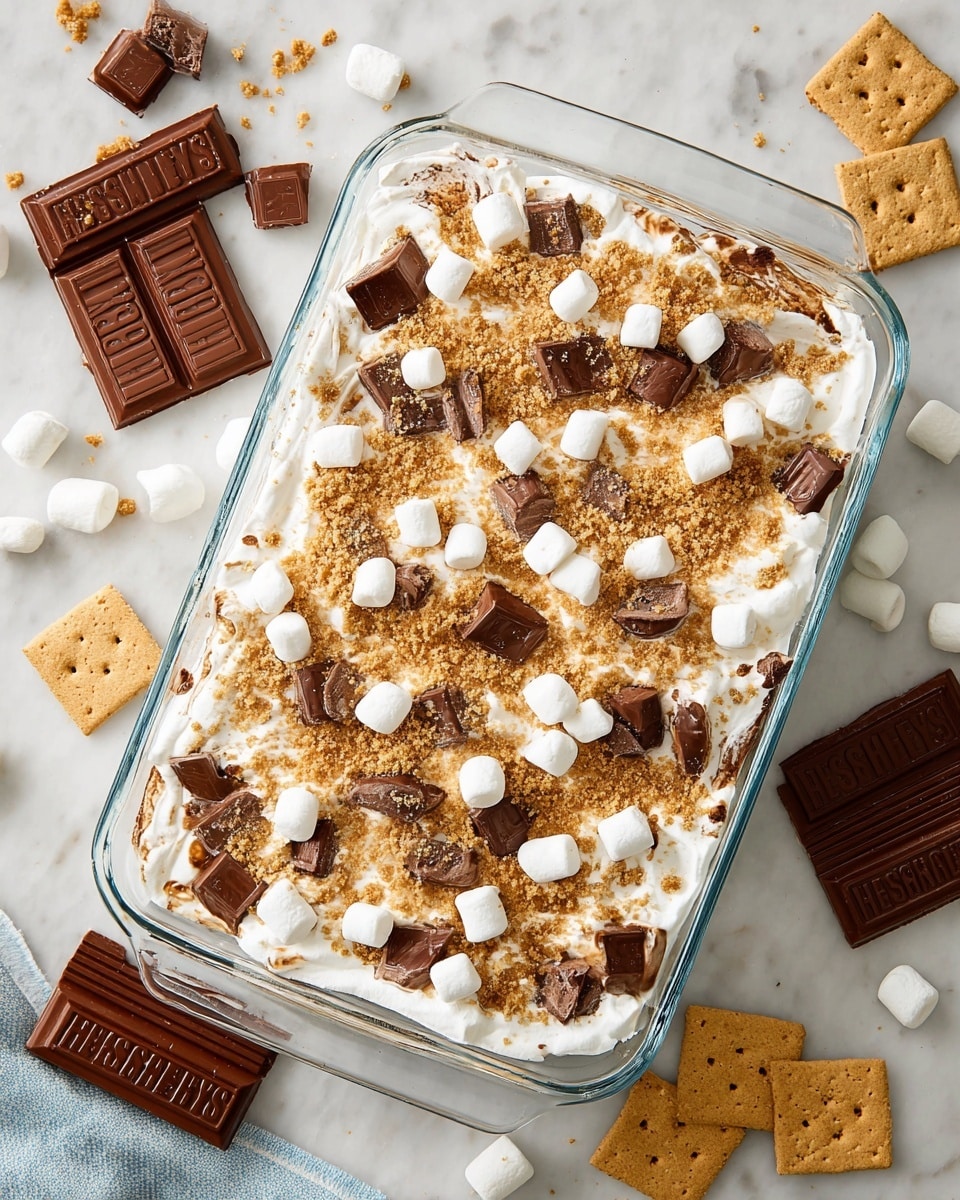 A clear glass rectangular dish holds a dessert with three main visible layers topped with a fluffy white layer that looks whipped or creamy, sprinkled with small white marshmallows, broken chocolate pieces, and crushed golden-brown graham crackers spread evenly on top. Around the dish on a white marble surface are some extra marshmallows, broken chocolate squares, and complete graham crackers. The top chocolate pieces show Hershey's branding with a rich milk chocolate color, and the white marshmallows are soft and round. Photo taken with an iphone --ar 4:5 --v 7