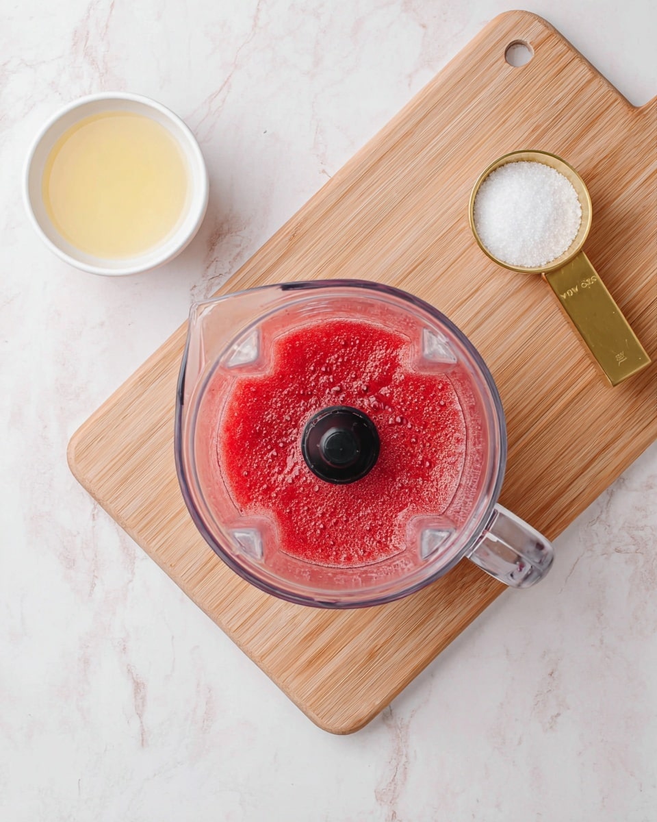 A clear blender container sits on a light wooden cutting board, filled with a bright red, slightly bubbly liquid mixture. To the left of the cutting board, a small white bowl holds a pale yellow liquid. On the upper right side, a gold measuring cup contains a mound of white granulated sugar. All items are arranged on a white marbled surface. photo taken with an iphone --ar 4:5 --v 7