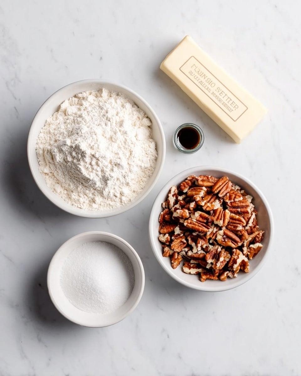 Three small white bowls are arranged on a white marbled surface. The first bowl on the left is filled with white flour, showing a slightly textured surface. Below it, a second bowl contains fine white sugar with a smooth top layer. To the right of these, a bowl is packed with chopped brown pecans that have a rough, uneven texture. Above and to the right of the bowls, a stick of pale yellow salted butter is unwrapped and laid flat. Next to the butter, a small white jar holds a dark liquid, likely vanilla extract, standing out against the white marbled surface. Photo taken with an iphone --ar 4:5 --v 7