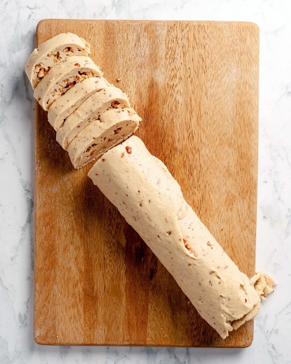The image shows a light tan dough roll with small bits of nuts mixed inside, placed horizontally on a wooden cutting board with a natural grain texture. The dough roll is partially sliced into thick, even pieces on the left side, while the right side remains a long, whole log. The small nut pieces create a speckled pattern throughout the dough. The cutting board is set on a white marbled surface that contrasts with the warm wood tone. Photo taken with an iphone --ar 4:5 --v 7