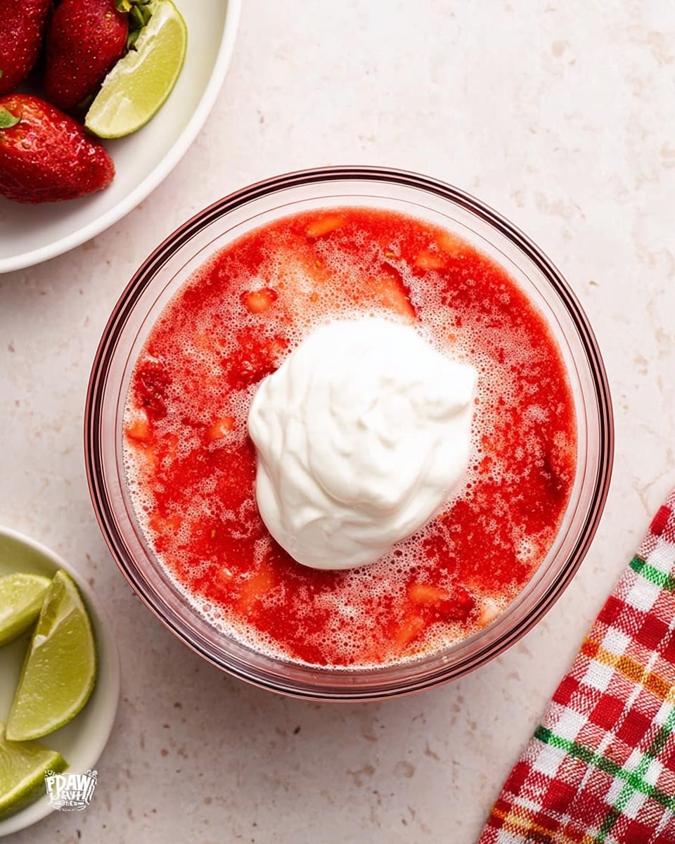 A glass bowl holds two layers of ingredients: the bottom layer is a bright red, slightly frothy strawberry mixture with visible small fruit bits, and on top is a dollop of thick, white creamy yogurt placed off-center. The bowl sits on a white marbled surface. To the left, part of a white round dish shows sliced strawberries and lime wedges. On the lower right, a red, green, and white checkered cloth is partially visible. The scene is bright and clean, photo taken with an iphone --ar 4:5 --v 7