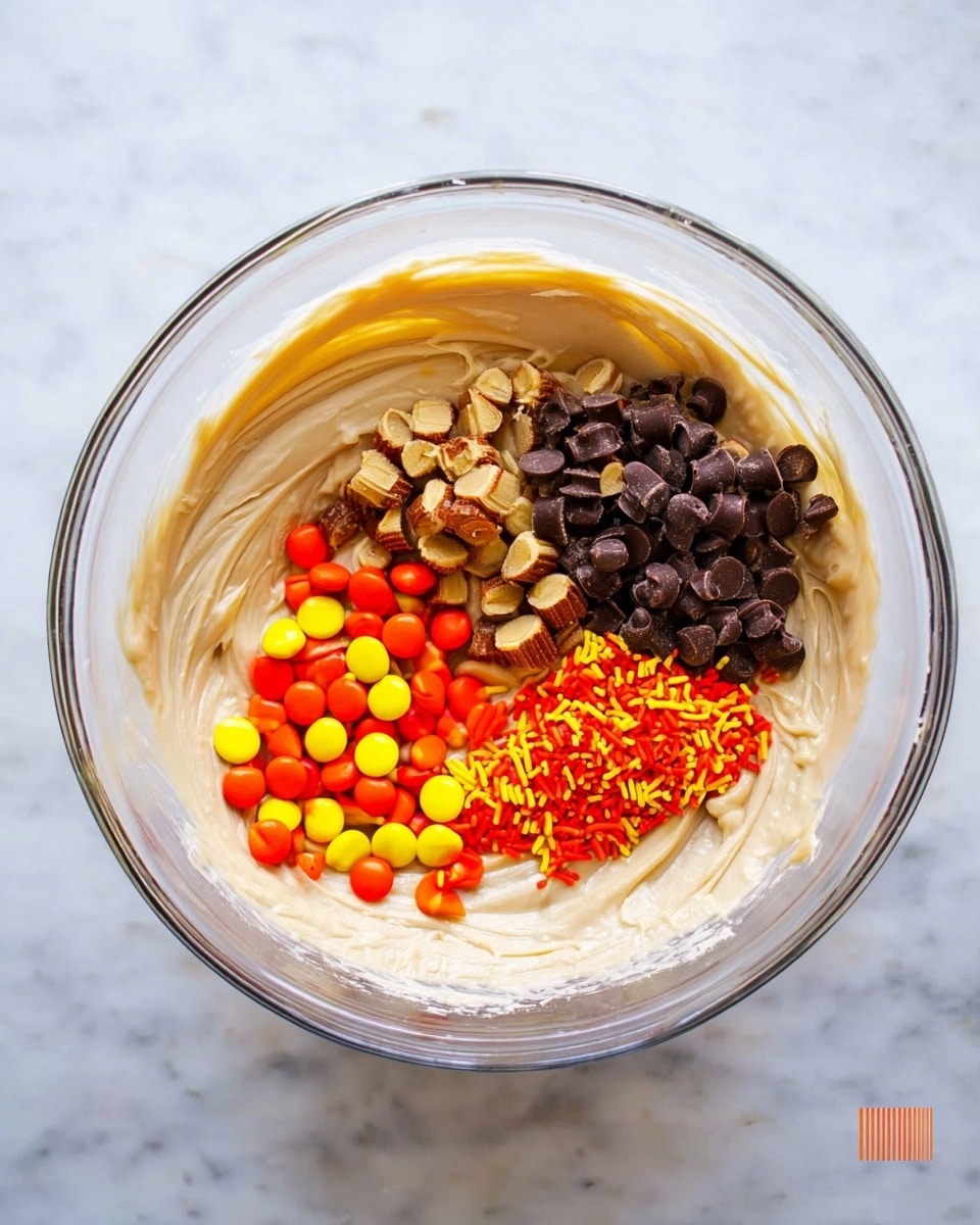 A clear glass mixing bowl sits on a white marbled surface, filled with creamy, light tan batter. On top of the batter, there are distinct layers of colorful ingredients: a cluster of small orange, yellow, and brown candy-coated chocolates on the right, a pile of dark brown miniature peanut butter cups stacked in the center, and bright orange, yellow, and brown sprinkles grouped on the left. The texture of the batter is smooth and thick, swirling around the edges of the bowl. photo taken with an iphone --ar 4:5 --v 7