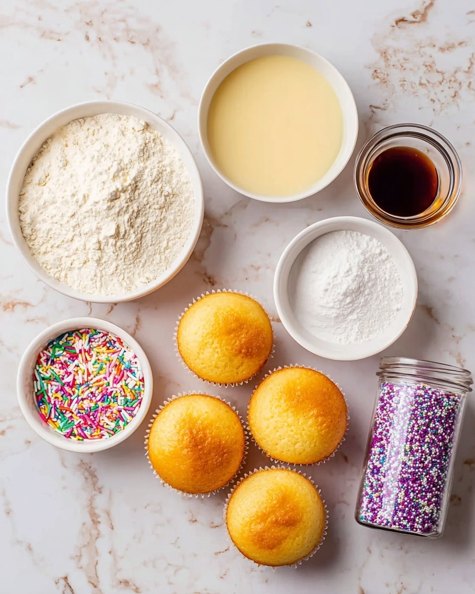 The image shows six small golden yellow muffins with light brown tops, grouped together on a white marbled surface. Around the muffins, there are five white bowls and containers: one bowl with a pale yellow thick liquid, another with white flour, a small bowl filled with white granulated sugar, a glass container holding dark brown vanilla extract, and a clear jar filled with colorful round and rod-shaped sprinkles in purple, pink, green, white, and yellow. Everything is arranged neatly on a white marbled surface. Photo taken with an iphone --ar 4:5 --v 7