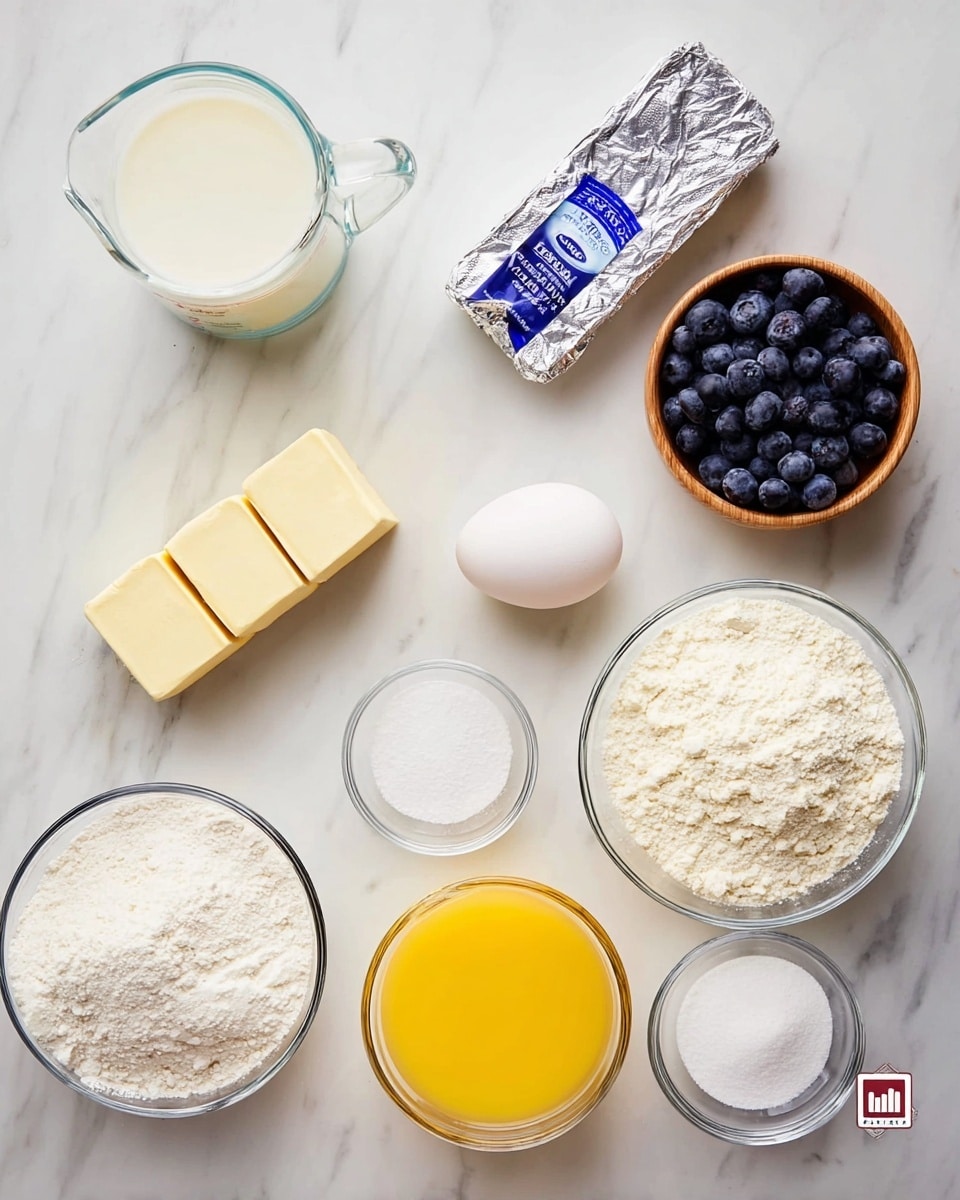 The image shows baking ingredients arranged neatly on a white marbled surface. From left to right, there is a clear glass measuring cup with milk in it, a silver wrapped block of cream cheese, a small blue packet of yeast, a single white egg in a small round wooden bowl, a stick of butter marked in segments, a round glass bowl filled with fresh blueberries, a round glass of orange juice, a glass measuring cup filled with flour, and two small glass bowls containing white sugar and powdered sugar. The arrangement is flat and organized, with the items spaced evenly across the surface. photo taken with an iphone --ar 4:5 --v 7