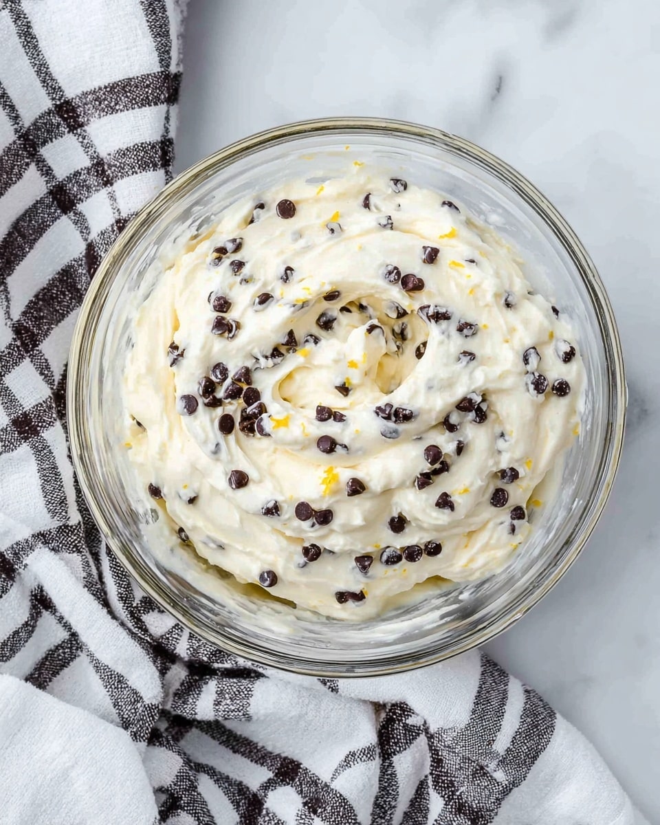 A clear glass bowl filled with a creamy white mixture dotted with many small dark chocolate chips and a few tiny yellow zest specks, with soft swirling textures on the surface. The bowl is placed on a white marbled surface with a white and black checkered cloth partially underneath and around it. The overall scene is bright and clean. photo taken with an iphone --ar 4:5 --v 7