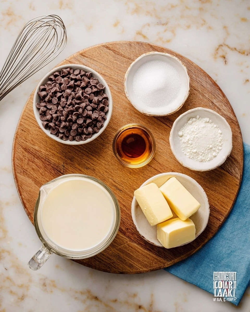 The image shows a round wooden board on a white marbled surface, holding five small white bowls of baking ingredients: one bowl with dark brown chocolate chips, one bowl with white granulated sugar, one bowl with a small amount of amber-colored vanilla extract, one tiny bowl with clear liquid, and one bowl with two small blocks of pale yellow butter. Next to the board, there is a clear glass measuring cup filled with creamy white liquid and a metal whisk on a folded blue cloth. Photo taken with an iphone --ar 4:5 --v 7