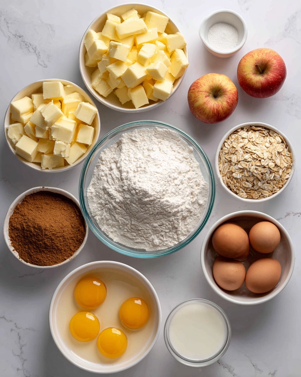 The image shows several small white bowls and a clear glass bowl arranged neatly on a white marbled surface, each containing different baking ingredients. In the center is a clear glass bowl filled with white flour. Surrounding it are white bowls with yellow cubed butter, two whole eggs, golden rolled oats, brown cinnamon powder, white sugar, salt, baking soda, white milk, and four egg yolks in a larger white bowl. The ingredients are spaced evenly, creating a clean and organized look. photo taken with an iphone --ar 4:5 --v 7