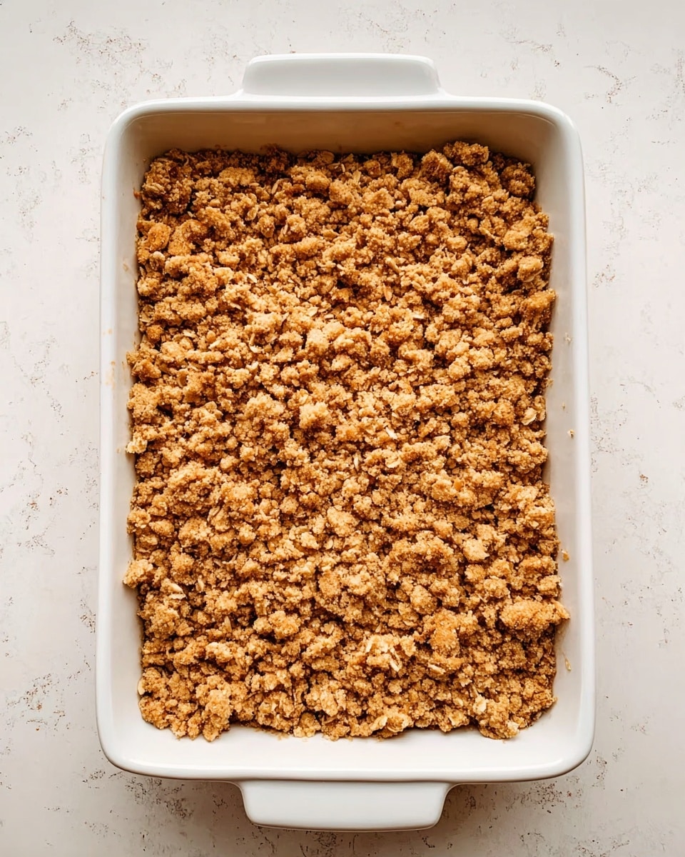 A rectangular white ceramic baking dish filled with a single layer of golden brown crumbly topping that looks crunchy and rough, made of oats and small chunks, covering the entire surface evenly. The dish is placed on a white marbled textured surface. Photo taken with an iphone --ar 4:5 --v 7