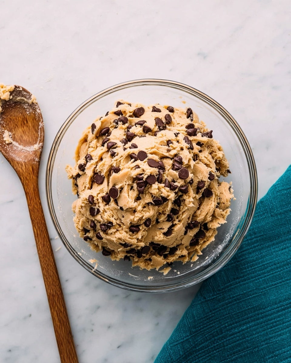 In a clear glass bowl placed on a white marbled surface, there is a mound of light brown chocolate chip cookie dough with many dark brown chocolate chips mixed throughout. The dough has a rough, chunky texture with some areas sticking slightly to the sides of the bowl. To the left of the bowl is a wooden spoon with some dough residue on it. A dark teal cloth is to the right side of the bowl, adding a splash of color to the simple background. Photo taken with an iphone --ar 4:5 --v 7