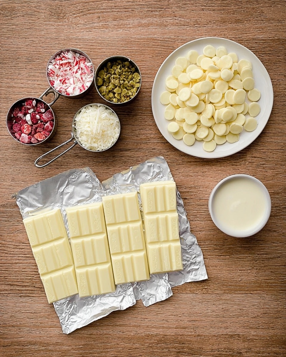 The image shows three partially unwrapped bars of white chocolate placed side by side on a wood-textured surface. To the right, there is a white plate filled with round white chocolate wafers. Above the plate, a small white bowl holds what looks like cream. On the left side of the chocolate bars, three small metal measuring cups hold different toppings: crushed red and white candy, crushed green nuts, and shredded white coconut, arranged from top to bottom. The surface looks warm with a natural wood pattern. photo taken with an iphone --ar 4:5 --v 7