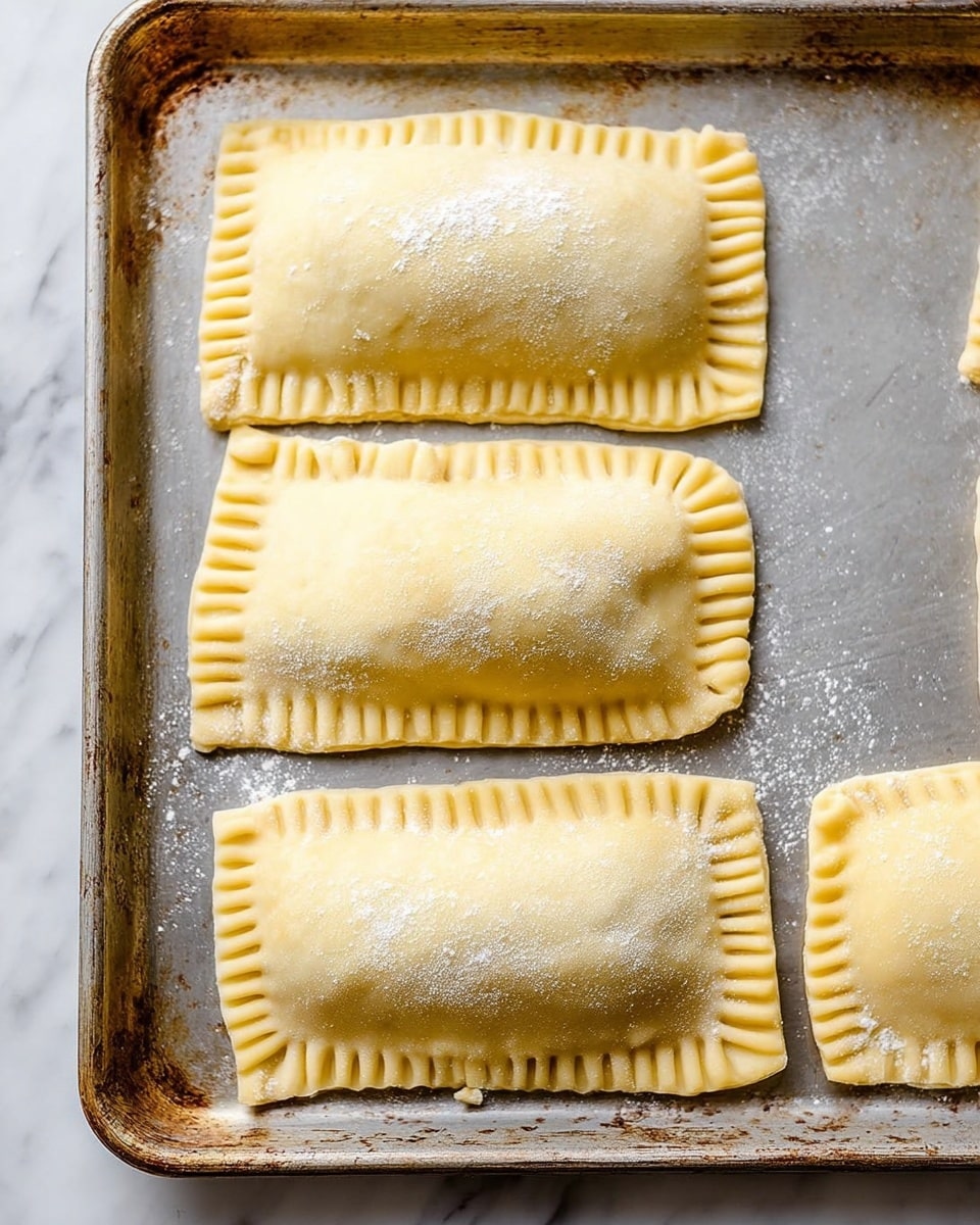 The image shows four uncooked rectangular pastries placed in a row on a metal baking tray. Each pastry has a light yellow dough layer with a soft, smooth texture and slightly dusted with flour on top. The edges of the pastries have a pressed pattern made by a fork, which secures the filling inside and creates a ridged border. The pastries look plump and evenly sized with a slight bulge in the middle where the filling is contained. The metal tray has a rustic look with minor discolorations and spots. The background is a white marbled texture. photo taken with an iphone --ar 4:5 --v 7