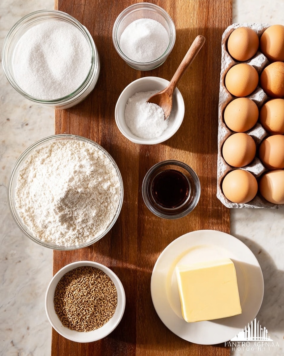 A top-down view of various baking ingredients arranged on a wooden table with a white marbled texture background. On the left, there is a clear glass jar filled with white sugar, next to a small white bowl with a wooden spoon holding salt. Below that is a clear white bowl filled with white flour. In the center, a small white bowl holds brown seeds, likely fennel or similar. To the right of this, a small clear glass with a dark liquid sits next to an egg tray holding eight brown eggs. At the bottom right, a white plate holds a rectangular block of pale yellow butter. The setup is clean and organized, with natural light highlighting the textures of each ingredient. photo taken with an iphone --ar 4:5 --v 7