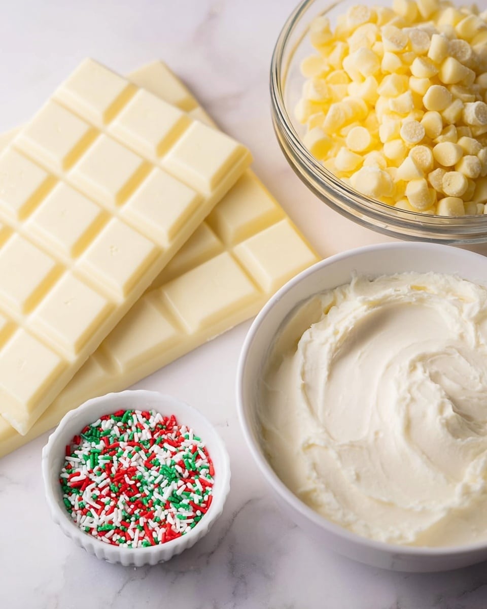 The image shows a close-up of four baking ingredients arranged neatly on a white marbled surface. On the left side, there is a large white chocolate bar with its rectangular segments clearly visible. Next to it, slightly lower, is a small white dish filled with red, green, and white sprinkles. To the right, there is a round white bowl filled with a smooth, creamy white substance, likely cream cheese or frosting. Behind the bowl and partially out of frame, there is a clear glass bowl filled with small yellow candy pieces or baking chips. The colors are soft and pastel-like, with the white and yellow tones standing out the most. photo taken with an iphone --ar 4:5 --v 7