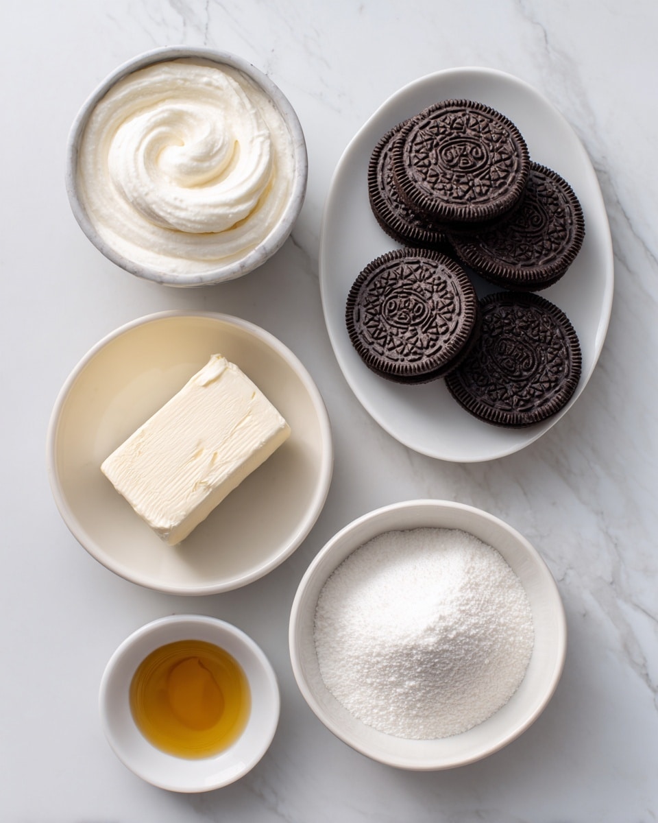 The image shows five small white bowls placed on a white marbled surface, each holding a different ingredient. The top right bowl holds two neat rows of Oreo cookies, dark brown in color with intricate embossed patterns. To the left, a bowl contains a smooth, fluffy white cool whip. Below the Oreos is a bowl with a block of cream cheese, bright white and smooth-textured, sitting on a small white plate. Below that, a bowl full of fine white powdered sugar is visible, its texture soft and powdery. Lastly, a tiny white bowl holds golden brown vanilla extract, smooth and clear. The setup is clean and minimal. Photo taken with an iphone --ar 4:5 --v 7