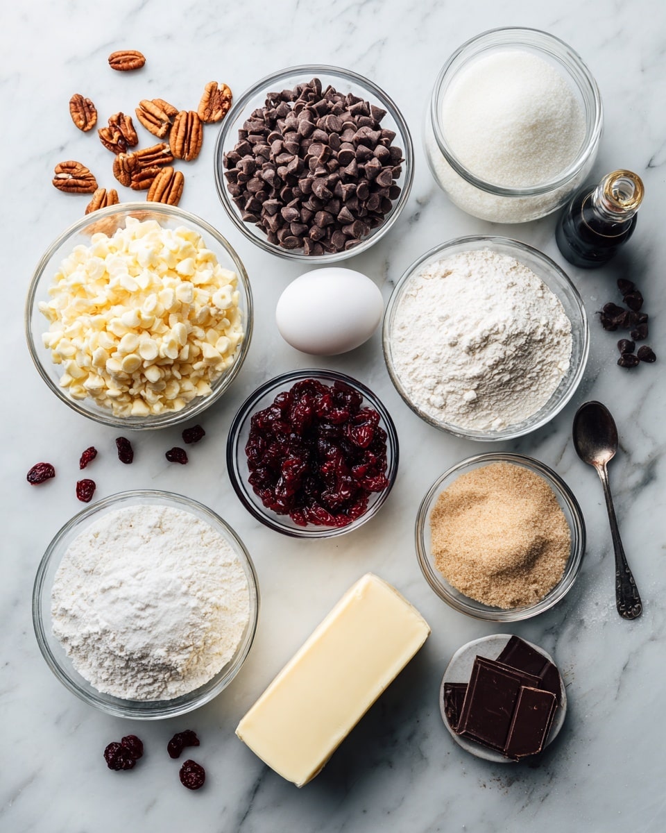 The image shows various baking ingredients arranged neatly on a white marbled surface. There are clear glass bowls with light brown chopped nuts, dark brown chocolate chips, dark red dried cranberries, white flour, white sugar, light brown brown sugar, and white powder, likely baking soda or salt. A single white egg lies near the center, next to a stick of pale yellow butter and a small bottle filled with dark brown vanilla extract. A silver spoon is placed near the vanilla bottle. Some chocolate chips and dried cranberries are scattered around the bowls, adding texture to the scene. photo taken with an iphone --ar 4:5 --v 7