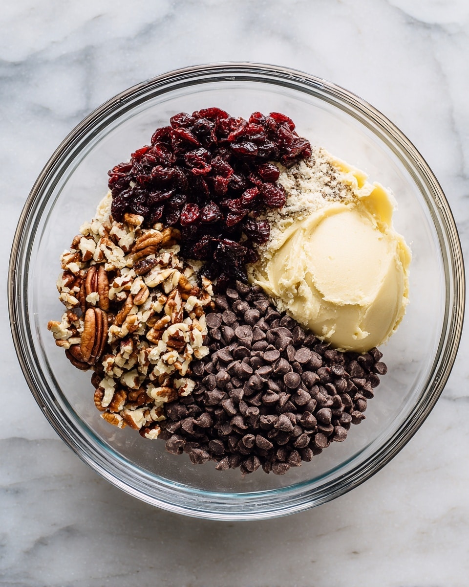 A clear glass bowl sits on a white marbled surface, filled with four distinct layers of ingredients not yet mixed. One section has dark red dried cranberries with a wrinkled texture. Next to it is a pile of chopped light brown pecans with rough edges. Below them is a large pile of small, smooth, dark brown chocolate chips. The last section contains soft, pale yellow dough with a smooth texture. The ingredients are arranged close together but remain separate in the bowl. Photo taken with an iphone --ar 4:5 --v 7