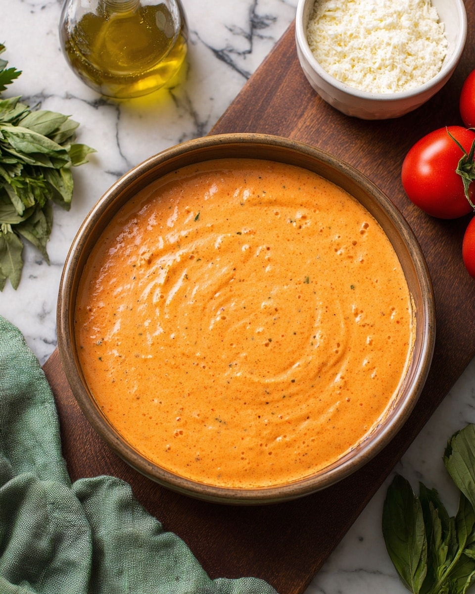 A round pan filled with one smooth layer of creamy orange sauce, slightly textured with small lumps and swirls, placed on a dark wooden surface. Around the pan, there are fresh tomatoes, grated white cheese in a small white bowl, a green cloth, a glass bottle of olive oil, and some green herbs. The background is changed to a white marbled texture. photo taken with an iphone --ar 4:5 --v 7