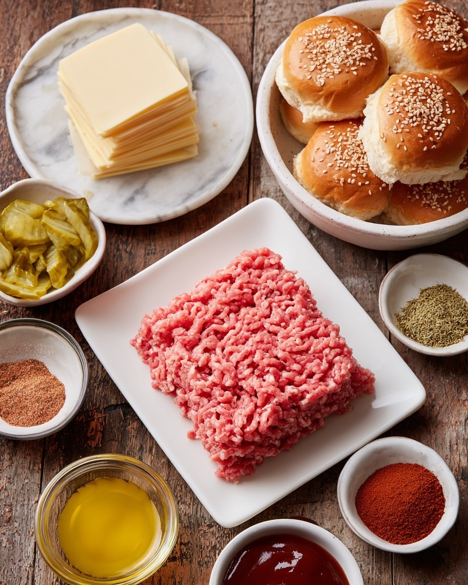 The image shows six separate dishes arranged on a white marbled surface. In the center, there is a white plate with a rectangular block of raw ground meat, pink in color and textured with small minced strands. To the right, a large white bowl holds several small, light golden brown sandwich buns topped with sesame seeds. Above the meat, a small white plate contains neatly stacked square slices of pale yellow cheese. To the left of the meat, there is a small white bowl filled with greenish-yellow pickle slices and nearby, a small glass bowl with smooth melted yellow butter. Above these, a white plate holds an array of spices in a circular pattern, showing red, brown, and beige shades with a dry powder texture. Below the buns, a small bowl contains dark reddish-brown barbecue sauce with a smooth, glossy surface. The background is a rustic wooden table. Photo taken with an iphone --ar 4:5 --v 7