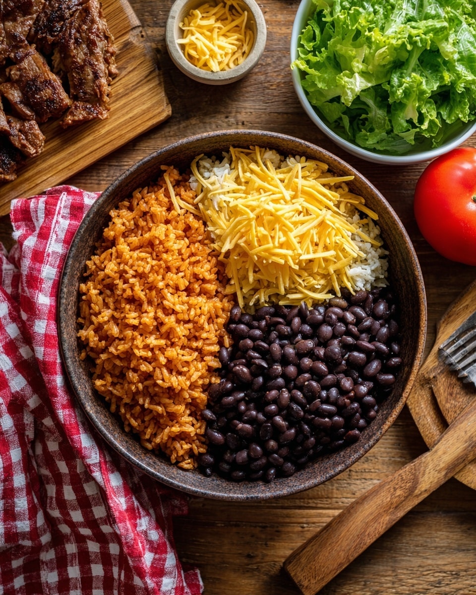 A large dark bowl is filled with three main parts arranged side by side: on the left, there is orange-brown rice with a soft texture, in the middle, a small, neat pile of thin, yellow shredded cheese, and on the right, shiny black beans with a smooth surface. The bowl is sitting on a wooden surface with a red and white checkered cloth to the left, a small white bowl with green leafy lettuce above it, and a bright red tomato on the right on the white marbled texture. Around the bowl are small dishes and a wooden cutting board with a piece of cooked meat. Photo taken with an iphone --ar 4:5 --v 7