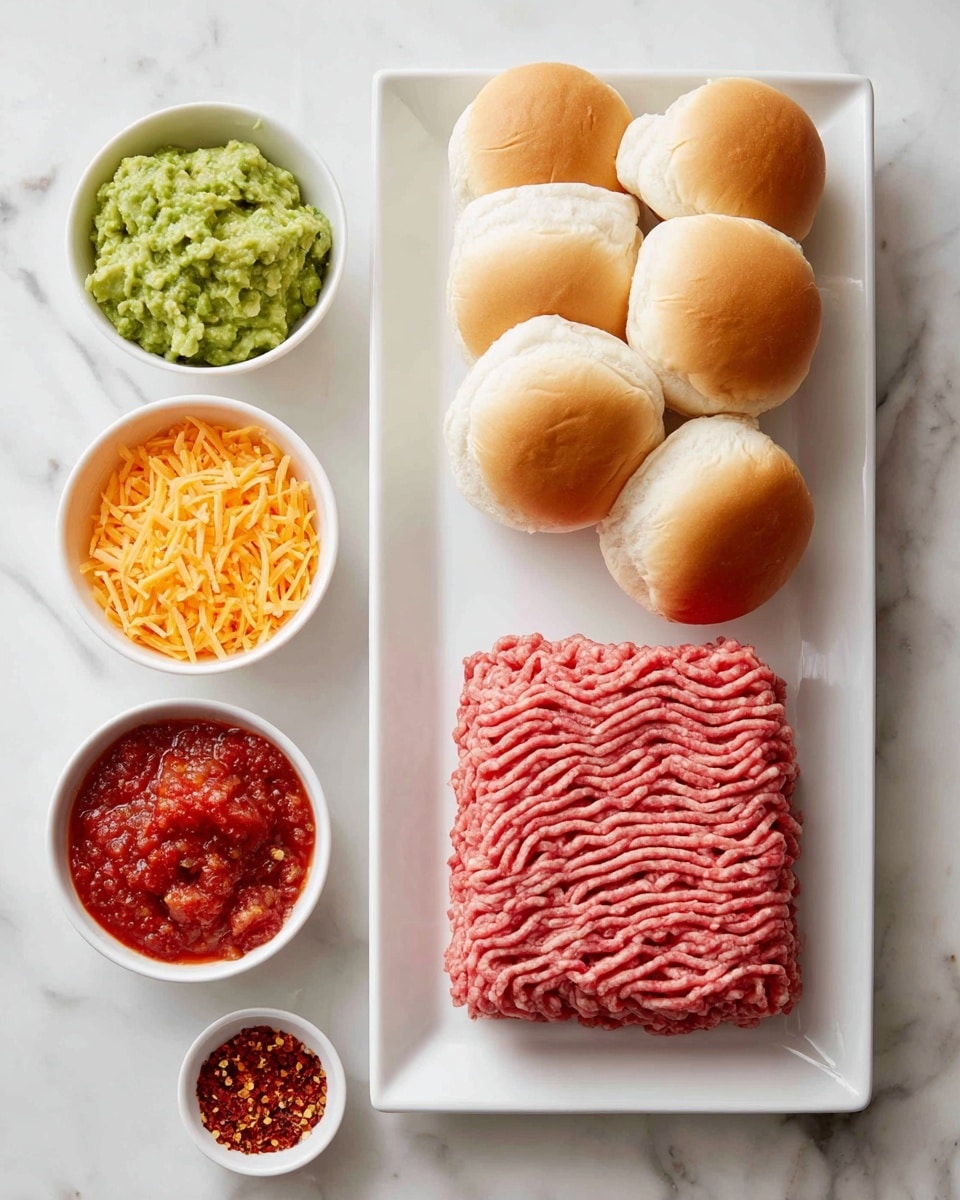 A white plate in the center holds a rectangular block of raw ground meat with a pink color and a ridged texture. To the left, three white bowls are arranged vertically: the top one filled with green guacamole, the middle one with chunky red salsa, and the bottom one holding bright orange shredded cheese. On the top right, a small white dish contains red crushed pepper flakes. To the far right, a rectangular white plate is stacked with eight soft hamburger buns that are golden brown on top. All items sit on a white marbled surface. photo taken with an iphone --ar 4:5 --v 7