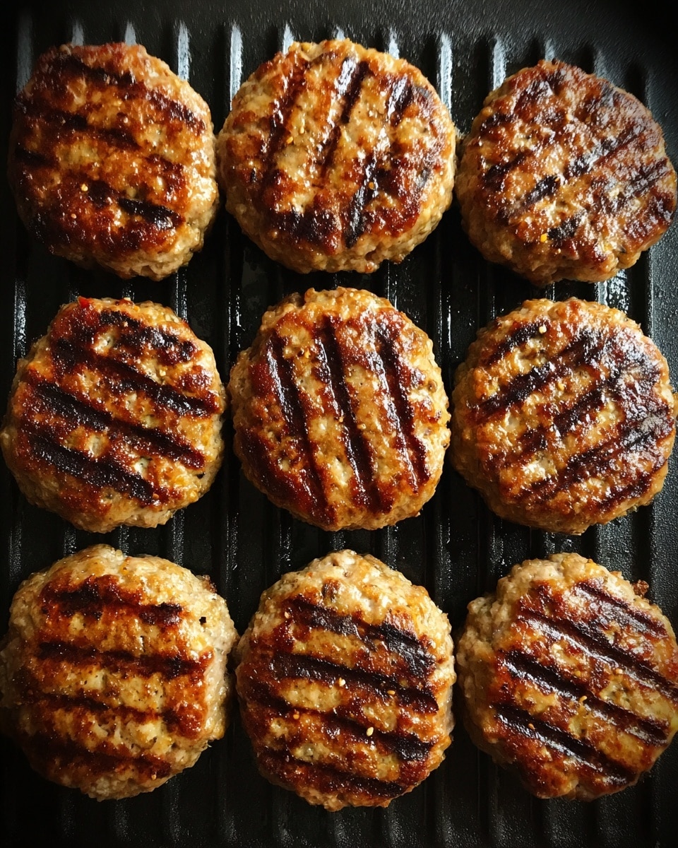 The image shows eight cooked burger patties arranged in two rows on a black grill. Each patty has clear dark brown grill marks across the top, giving a striped pattern. The patties are golden brown with bits of seasoning visible, showing a slightly textured surface. The background is a white marbled texture. photo taken with an iphone --ar 4:5 --v 7