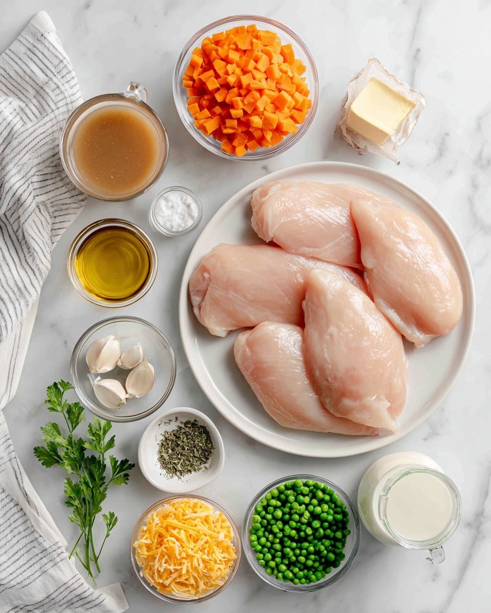 A white round plate in the center holds four raw chicken pieces with a pinkish smooth texture. Around it are small white bowls and glass containers with various ingredients: a bowl with chopped orange carrots, a bowl with green frozen peas, a bowl with shredded yellow cheese, a bowl with white rice, and a glass jug filled with light brown broth. Other small white bowls contain spices and seasonings presented as powders and herbs in light colors like beige, white, and green. There is a glass of white milk as well as cubes of pale yellow butter. A stripy blue and white cloth lies to the left side of the arrangement. All items are set on a white marbled surface. photo taken with an iphone --ar 4:5 --v 7