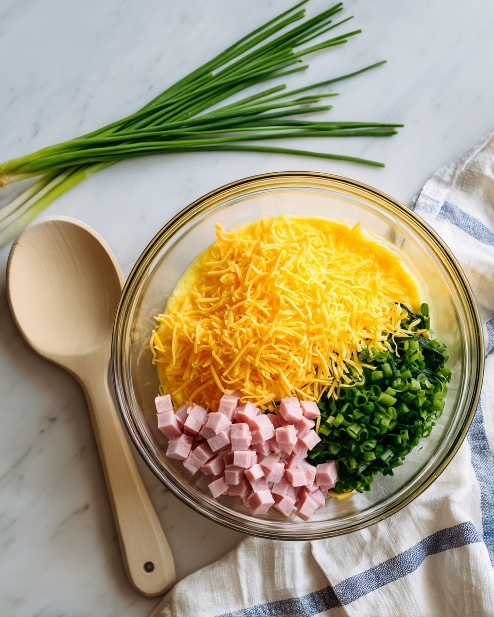 A clear glass bowl sits on a white marbled surface, filled with four distinct layers inside: bright yellow shredded cheese piled high on the left, small pink cubes of ham near the top right, fresh green chopped spinach below the ham, and a base layer of yellow beaten eggs filling the rest of the bowl. To the left of the bowl is a beige spoon with a wooden handle, three fresh green chive stalks lay on the upper left, and on the right side, a white cloth with blue stripes is softly folded. photo taken with an iphone --ar 4:5 --v 7