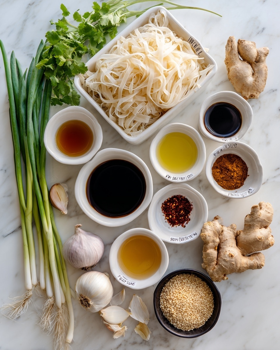 The image shows an arrangement of cooking ingredients on a white marbled surface. In the center, there is a bright orange box of Thai Kitchen stir-fry rice noodles with a clear window showing the pale noodles inside. Around the box, there are small white bowls filled with neutral oil (light yellow), honey (golden amber), soy sauce (dark brown), oyster sauce (blackish brown), toasted sesame oil (light brown), rice wine (clear), spices (red and brown powders), and red pepper flakes (dark red with a touch of brown). Fresh green onions with long, thin green stalks and white bases are laid to the left of the box, while two pale purple shallots with papery skins sit below. A bunch of fresh green cilantro with leafy tops rests above and to the right of the box. Nearby, there are garlic cloves, a piece of light brown ginger root, and small black bowl filled with golden sesame seeds. Each item is clearly labeled with white tags and black text. The setup is bright, clean, and neatly organized. photo taken with an iphone --ar 4:5 --v 7