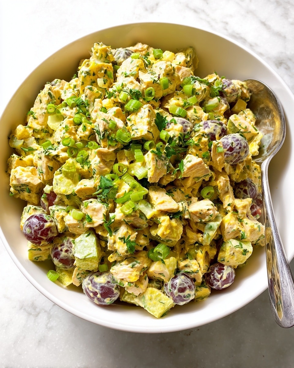 A white bowl filled with a multi-layered salad that has small chunks of yellow chicken mixed with light green celery pieces and halved purple grapes. The salad is coated in a creamy, slightly yellow dressing with visible green herbs spread throughout. On top, there are sliced green onions and small chopped parsley leaves sprinkled for garnish. A metal spoon rests on the side of the bowl, partially submerged in the salad. The bowl sits on a white marbled surface. photo taken with an iphone --ar 4:5 --v 7