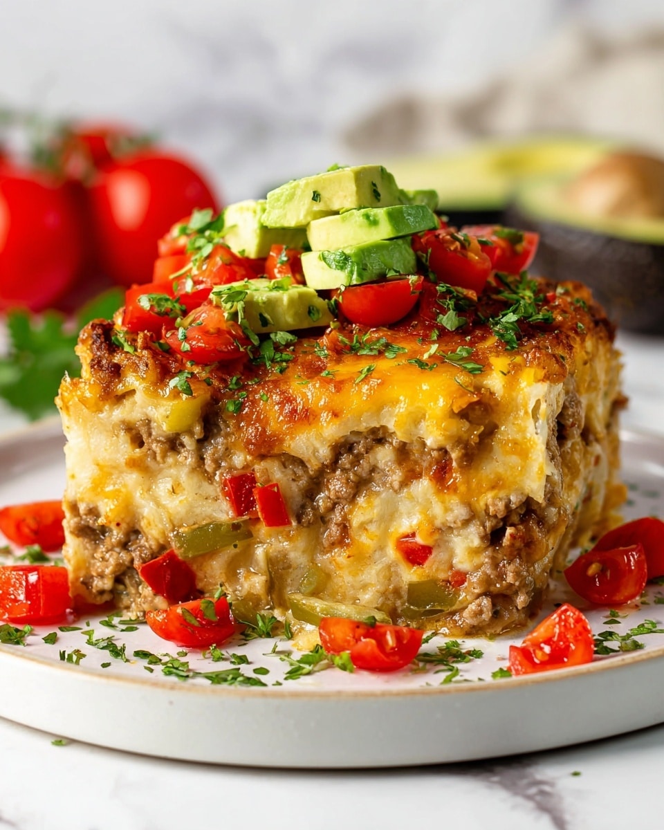 A thick layered slice of cheesy casserole sits on a white plate, with a creamy, soft texture and visible chunks of cooked meat and vegetables like red and green peppers mixed within the golden melted cheese layer. On top, there is a colorful layer of fresh sliced avocado and quartered bright red cherry tomatoes sprinkled with chopped green herbs. Around the base of the slice, there are scattered small tomato pieces and more fresh avocado slices. The white plate rests on a white marbled surface, with blurred cherry tomatoes and a halved avocado in the background. Photo taken with an iphone --ar 4:5 --v 7