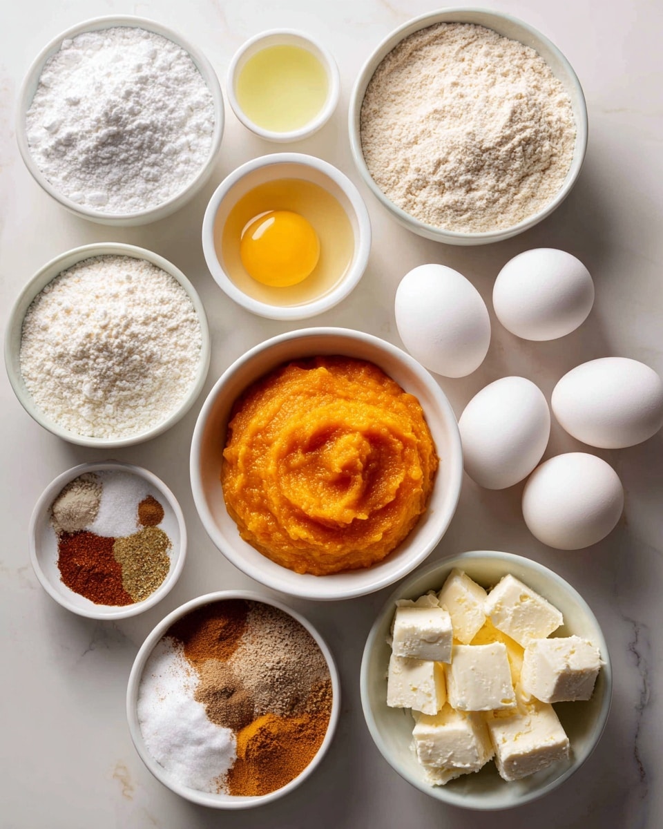 The image shows nine small white bowls arranged on a white marbled surface. The central bowl holds a bright orange pumpkin puree with a smooth and thick texture. Surrounding it are bowls with various ingredients: powdered sugar with a fluffy white appearance, light beige flour with a fine texture, clear yellow vegetable oil, three smooth white eggs, granulated sugar with a sparkling white grainy look, a bowl of cream cheese cut into chunks with a soft white creamy texture, a small bowl of mixed spices showing shades of brown and cinnamon, and a small bowl labeled for baking powder and baking sugar with a white powdery texture. Each bowl is neatly placed, and the lighting is bright and natural, emphasizing the colors and textures of each ingredient photo taken with an iphone --ar 4:5 --v 7