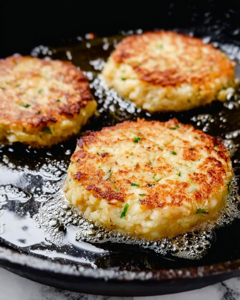 The image shows three round patties being fried on a black cast iron pan with oil shimmering around them. Each patty has a pale golden color with small bits of green herbs visible inside, and they appear soft with a slightly crispy, lightly browned edge forming on the bottom part touching the pan. The surface of the patties has a textured appearance from the ingredients, making them look moist and tender. The background is a white marbled texture. Photo taken with an iphone --ar 4:5 --v 7