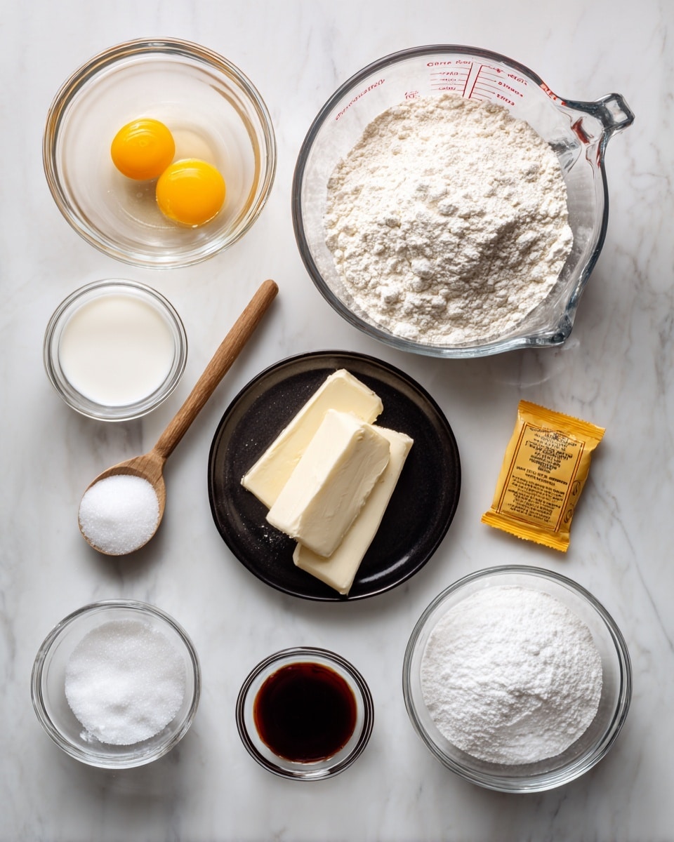 The image shows various ingredients placed on a white marbled surface, each in clear glass or white containers with labels. At the top right, a clear glass measuring cup holds water, slightly filled. Below it, a large clear glass bowl is full of pale beige bread flour with a slight crumbly texture. Near the center left, a small clear glass bowl contains two whole eggs with bright yellow yolks in transparent whites. Below that, a smaller clear bowl holds a dark brown vanilla liquid. To the bottom left, two rectangular sticks of pale yellow butter rest on a small white plate. Next to butter, a clear bowl contains white powdered sugar, and to its right, another clear bowl has white granulated sugar. At the bottom left corner, there is a small clear measuring cup with light cream-colored evaporated milk. A small silver spoon with white salt grains lies above the eggs and vanilla. A small packet of dry yeast is placed near the top left corner. All containers and ingredients are neatly arranged and well-lit. Photo taken with an iphone --ar 4:5 --v 7