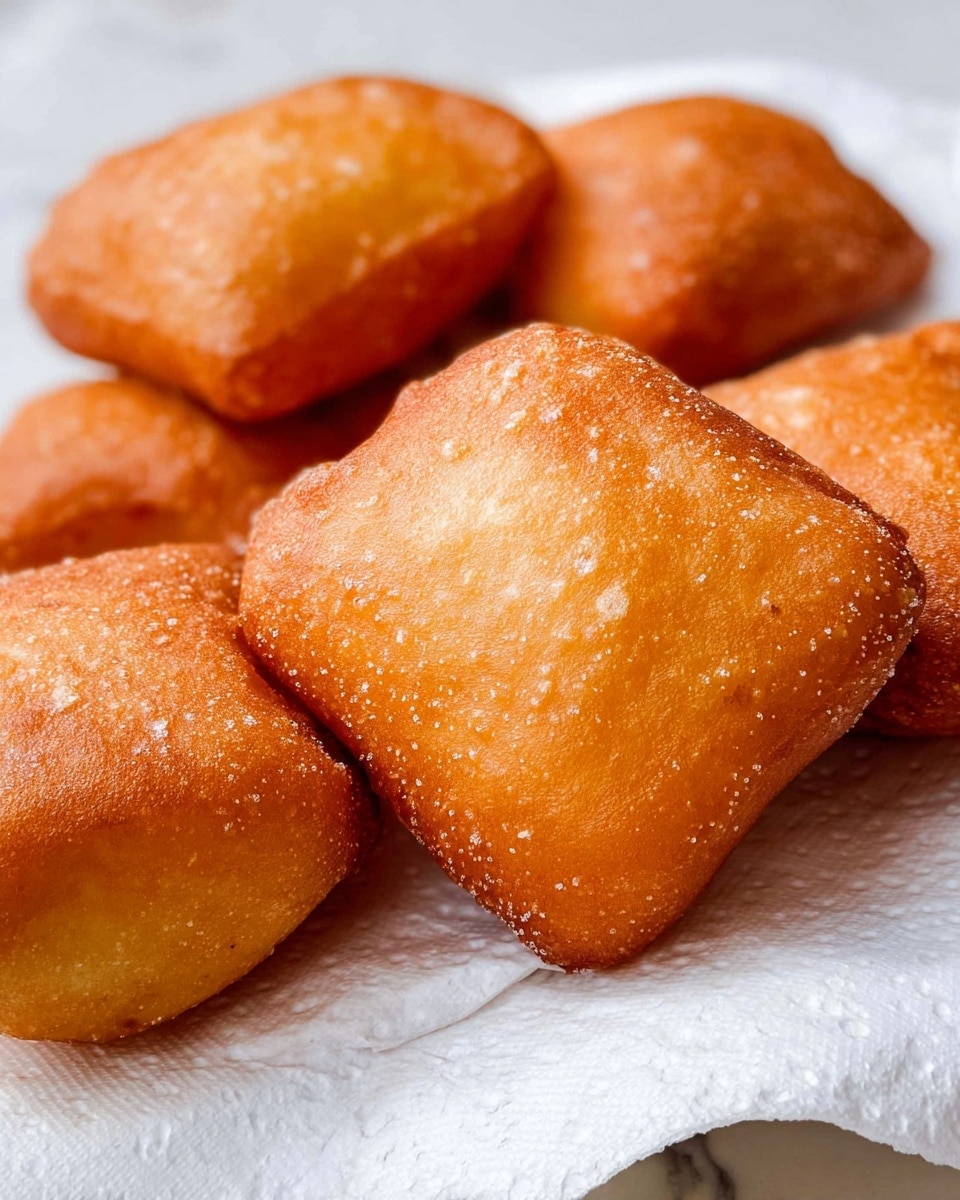 The image shows several golden-brown, square-shaped fried dough pieces with a smooth and slightly shiny surface. Each piece has a slightly puffed texture with gentle bubbles and a crisp outer layer. They are placed on white paper towels that absorb excess oil, all set on a white marbled surface. The overall look of the fried dough pieces is soft but firm, with a warm orange-brown color that varies slightly with light reflections. Photo taken with an iphone --ar 4:5 --v 7