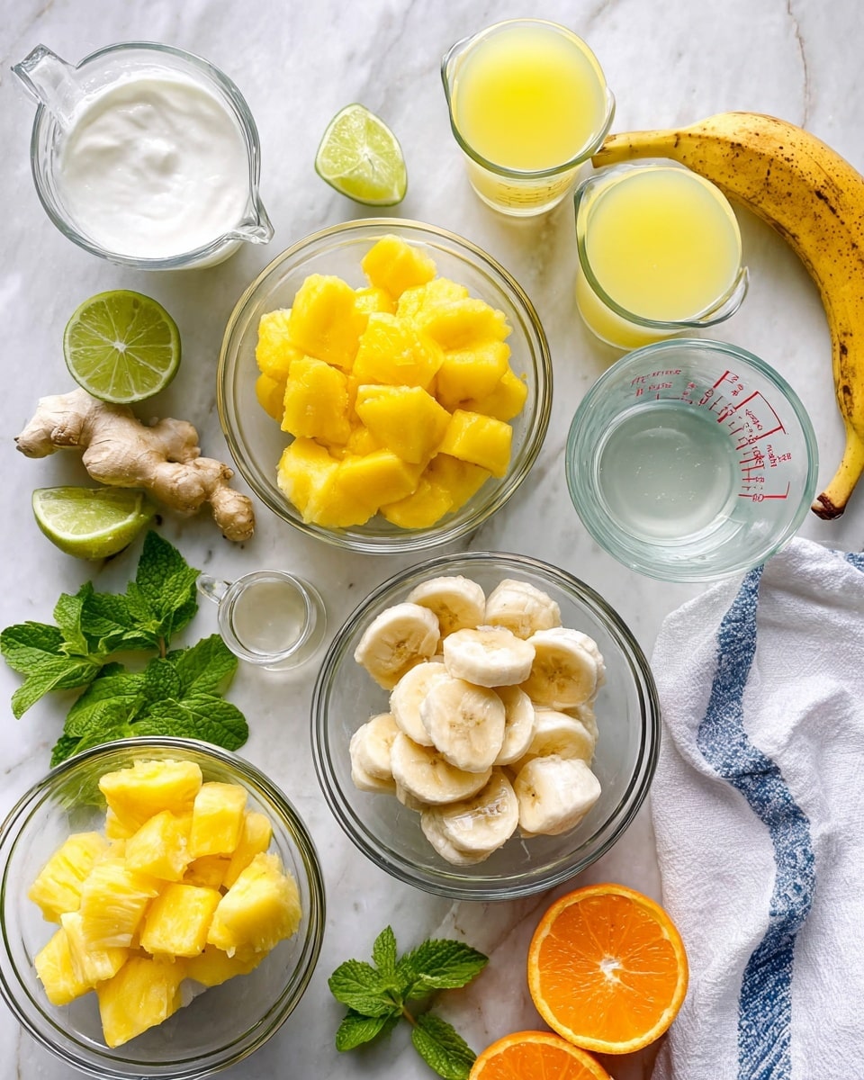 The image shows a top view of several clear glass bowls and measuring cups on a white marbled surface, arranged around fresh fruit and mint leaves. There are four bowls: one with frozen banana slices in the top right, one with yellow mango chunks in the center, one with white yogurt on the right, and one with yellow pineapple chunks at the bottom. Two clear measuring cups hold orange juice and water toward the top left and left side. Fresh fruit slices include an orange cut in half in the upper right, lime slices near the bottom, and a piece of pineapple with green rind close to the center. A whole banana lies diagonally on the lower left. Green mint leaves are scattered around for decoration. A wooden board lies under some of the bowls, and a beige cloth napkin is folded on the right side. Photo taken with an iphone --ar 4:5 --v 7