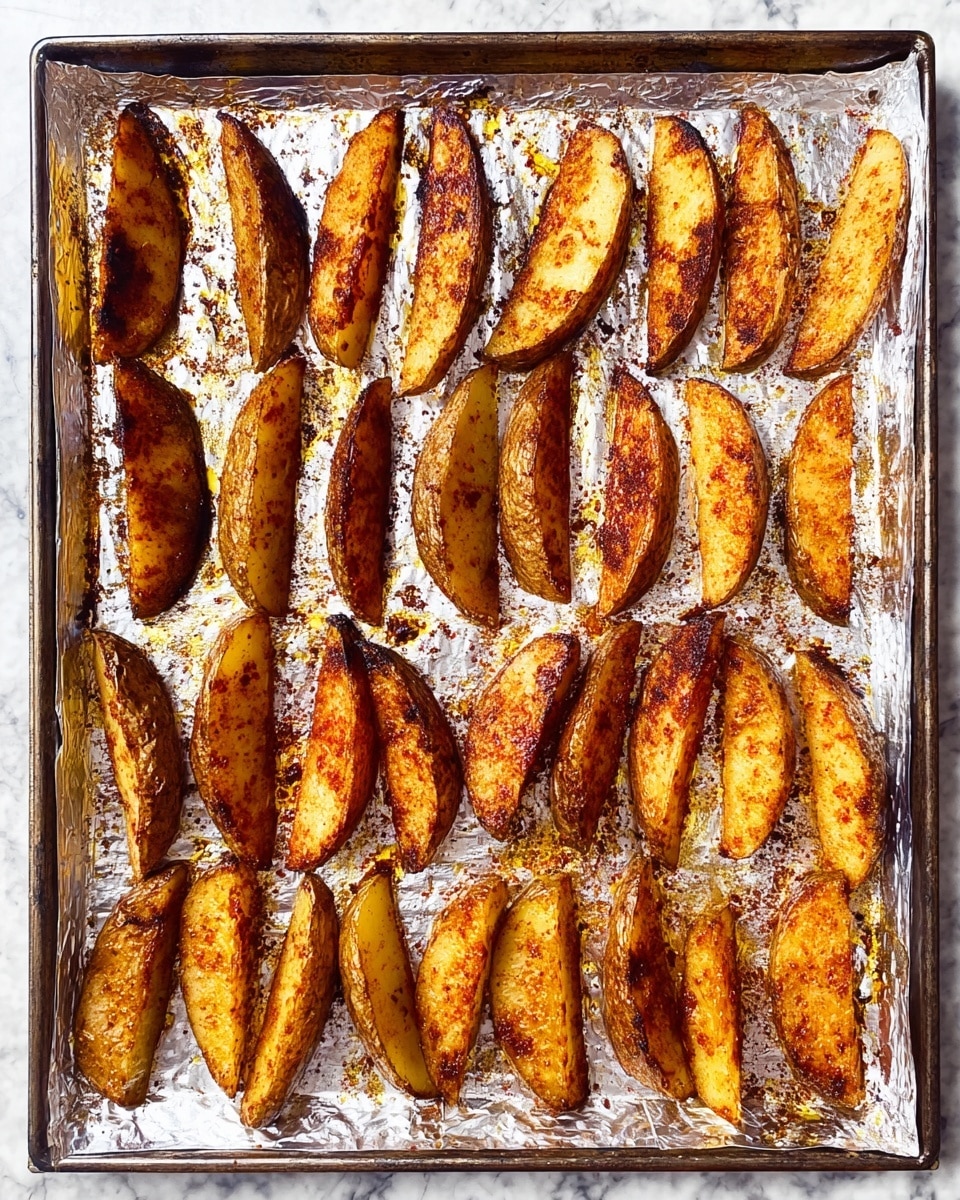 A silver baking tray lined with crinkled foil holds 30 potato wedges arranged in five rows. Each wedge is thick and has a crispy, roasted texture with a dark golden-brown color, showing some charred spots and a slightly oily surface. The wedges are evenly spaced, and the foil beneath them has patches of cooked seasoning oil and darkened spots from baking. The image has a top-down view capturing the whole tray. Photo taken with an iphone --ar 4:5 --v 7