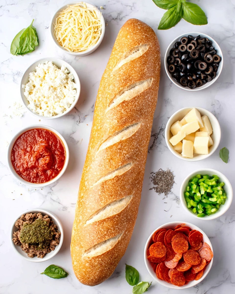 The image shows ingredients for making a pizza, laid out on a white marbled surface. At the center left is a long baguette-style loaf of bread with three diagonal cuts. Surrounding it are small white bowls containing different toppings: shredded mozzarella cheese, cooked ground meat, small pepperoni slices, black olives, green bell pepper pieces, cubed butter, shredded or crumbled white cheese, pesto sauce, red tomato sauce, and a mix of dried spices. Fresh green basil leaves are scattered around the bowls and bread. The arrangement is neat and colorful, with the bowls and bread clearly visible in a top-down view. Photo taken with an iphone --ar 4:5 --v 7