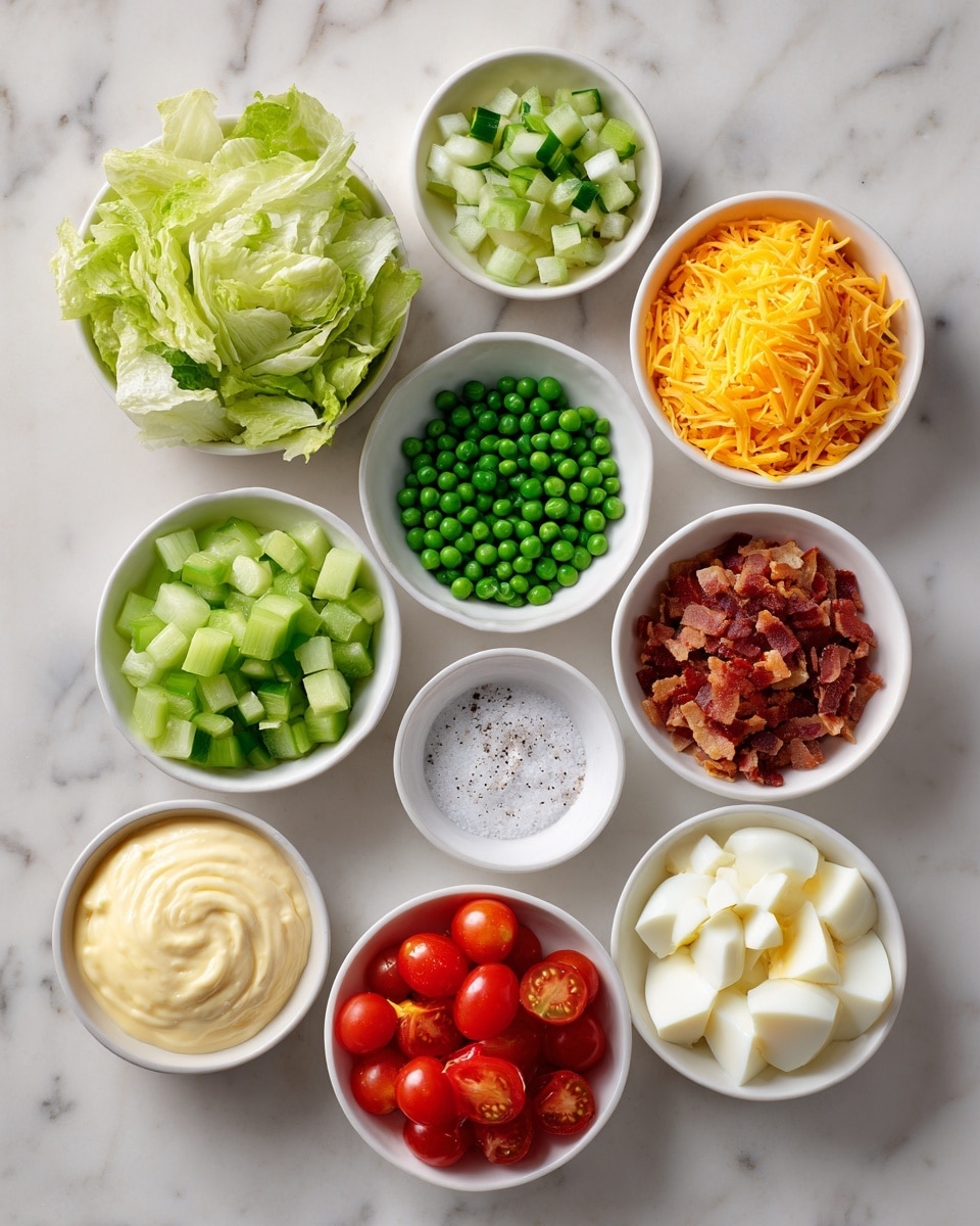 The image shows eleven white bowls placed on a white marbled surface, each filled with different ingredients. The largest bowl holds light green iceberg lettuce leaves, with a rough texture. Nearby, another bowl is filled with bright orange shredded cheddar cheese, thin and slightly curly. There is a bowl of vibrant green chopped celery, cut into small curved pieces. A small bowl contains crisp, cooked bacon pieces, dark brown and crunchy looking. Bright red cherry tomatoes, cut in halves, fill another bowl. Another bowl shows chopped cucumber in medium cubes, a mix of dark green skin and pale inside. Small green onion rings fill a small bowl, bright and fresh. A bowl with creamy white mayonnaise stands next to a bowl with thick white sour cream. Another bowl contains smooth, white frozen peas. A small round plate holds white granulated sugar alongside black pepper and salt. The final bowl contains yellow and white hard-boiled eggs, quartered, with firm texture. photo taken with an iphone --ar 4:5 --v 7