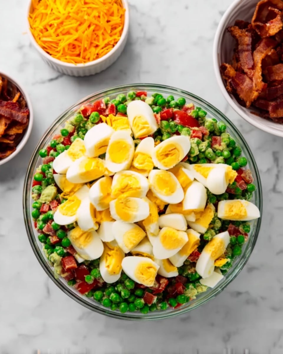 The image shows a clear glass bowl filled with a colorful salad on top of a white marbled surface. The salad has three main layers: the bottom layer appears to be small green peas with some halved cherry tomatoes, the middle layer is made of chopped boiled eggs with bright yellow yolks and white egg whites, and scattered on top are some broken egg pieces. Around the bowl, there are three small white bowls placed: one with shredded orange cheddar cheese, another with small pieces of bacon, and the last one with chopped green onions. A woman's hand is reaching from the top left corner, appearing to be ready to mix or add ingredients to the salad. photo taken with an iphone --ar 4:5 --v 7
