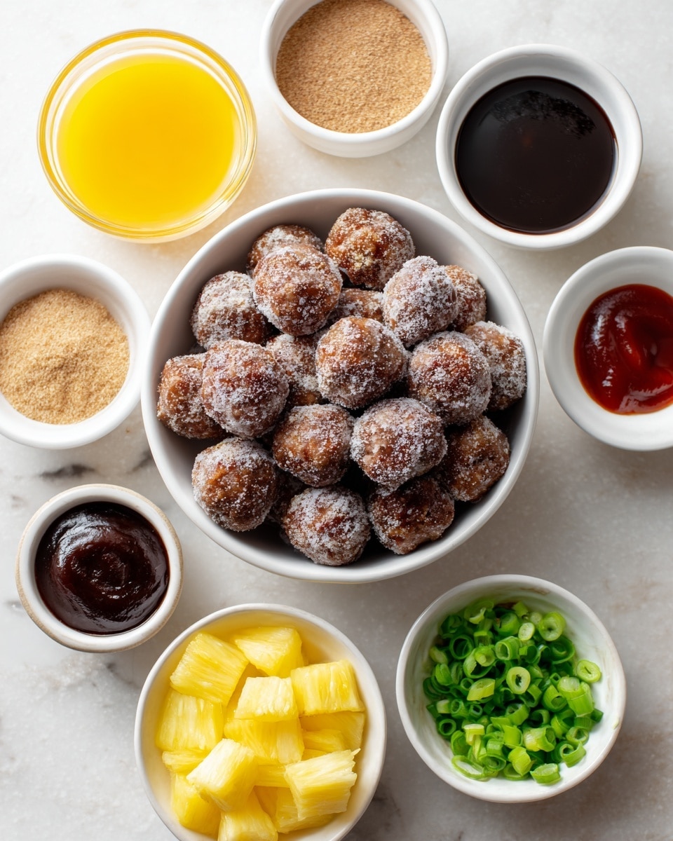 The image shows eight small white bowls arranged on a white marbled surface. The top right bowl is filled with frozen meatballs covered lightly in frost, showing a rough round texture. Below it toward the center is a bowl with dark reddish-brown BBQ sauce, smooth and glossy. To the right of the BBQ sauce is a bowl with dark soy sauce, smooth and shiny. To the left of the BBQ sauce is a bowl with golden yellow pineapple juice, smooth and liquid. At the bottom left is a bowl with yellow pineapple chunks, moist and juicy with visible bite-sized pieces. Above the pineapple chunks is a bowl with light brown soft brown sugar, clumped loosely. To the upper left is a small bowl with light beige garlic powder and a smaller mound of ground ginger, textured powder. At the bottom right is a bowl with chopped green onions, fresh and bright green. All bowls sit on a clean white marbled background. photo taken with an iphone --ar 4:5 --v 7