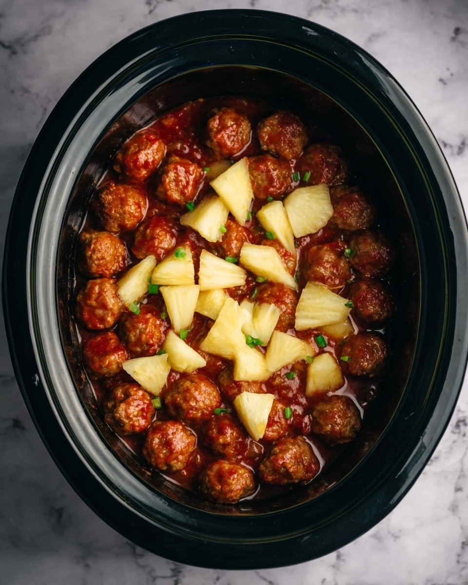 A black slow cooker filled with about two layers of small, round meatballs covered in a brown sauce, mixed with chunks of light yellow pineapple pieces scattered evenly across the top. The slow cooker sits on a white marbled surface. Photo taken with an iphone --ar 4:5 --v 7