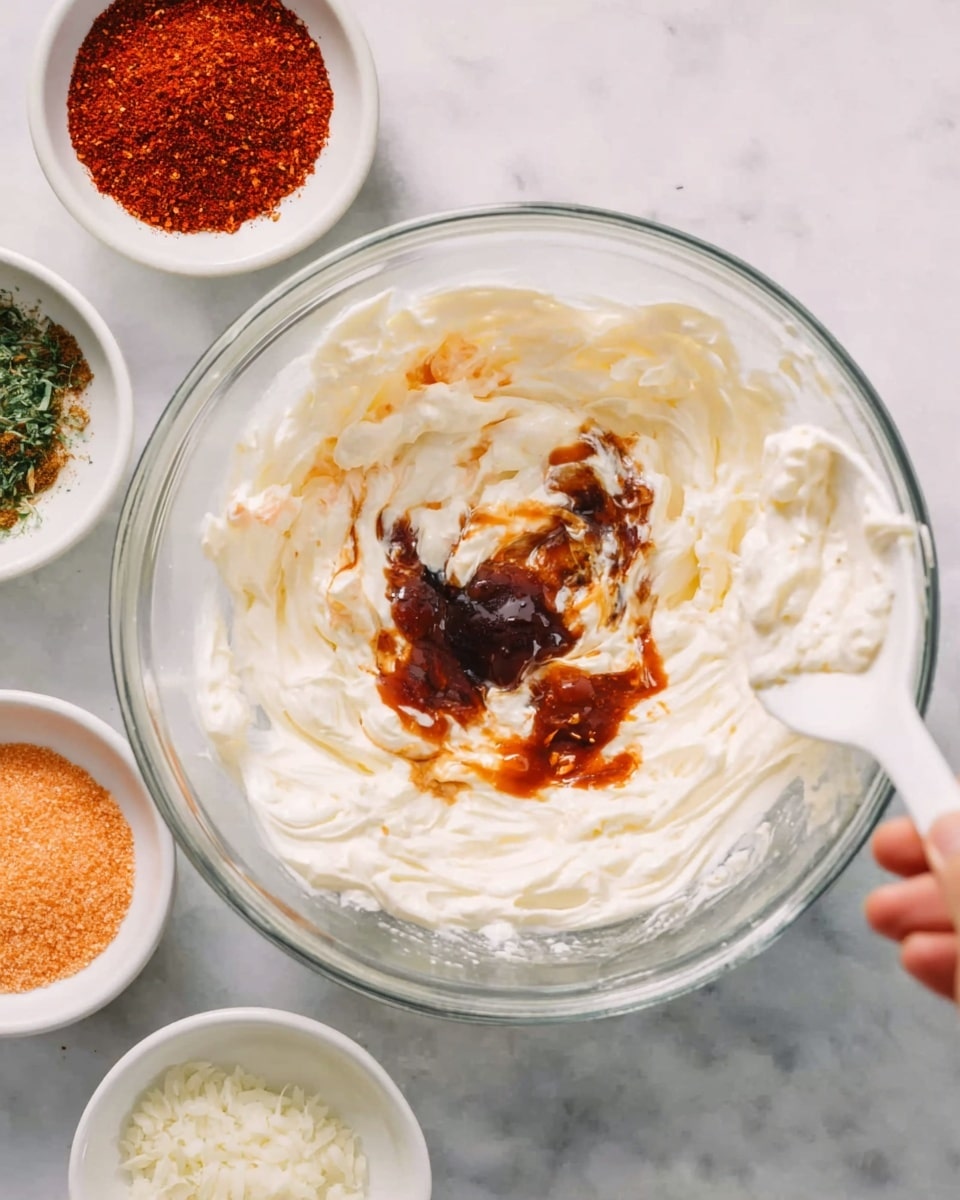 A clear glass bowl filled with a creamy white mixture, likely cream cheese or sour cream, with several dark brown and reddish sauces and spices in the center. Surrounding the bowl are smaller white bowls containing granular red seasoning, a light orange powder, and white granules, all placed on a white marbled surface. A woman's hand holds a white spoon above the bowl, ready to mix the ingredients. photo taken with an iphone --ar 4:5 --v 7