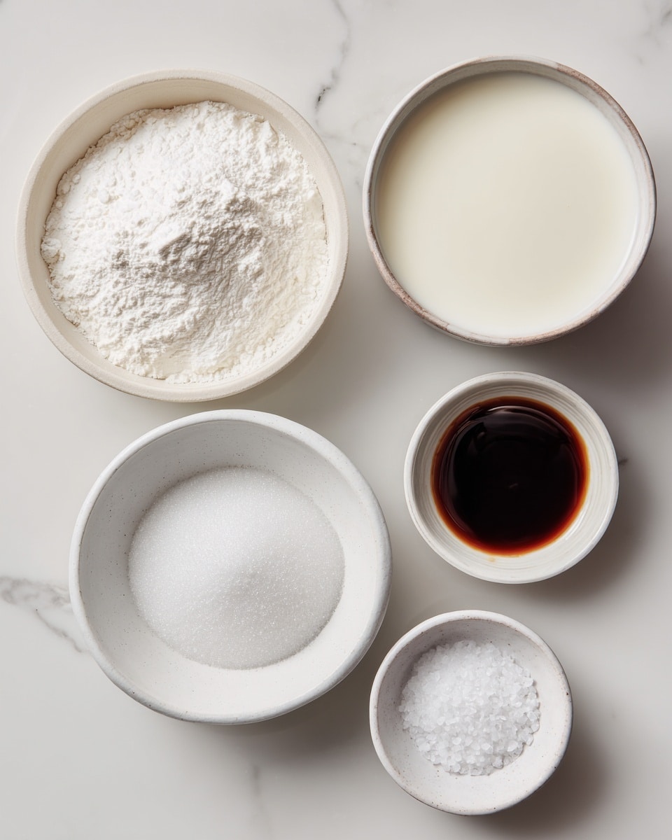 Five white bowls sit on a white marbled surface. The largest bowl at the top right is filled with whole milk, smooth and creamy white. Below and to the left is a medium bowl filled with bright white cornstarch powder, soft and fine. To the left bottom side, a medium bowl holds granulated white sugar, with a sparkling texture. The small bowl on the middle right contains dark brown vanilla extract, glossy and liquid. The smallest bowl at the bottom right holds a small amount of white salt, fine and powdery. Each bowl is neatly arranged with clear labels on the image. Photo taken with an iphone --ar 4:5 --v 7