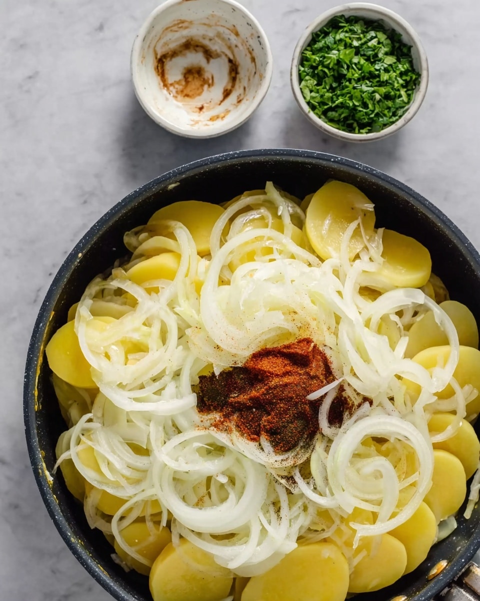 A black pan filled with two main layers: the bottom layer is made of thin, round slices of yellow potatoes arranged evenly across the pan, while the top layer consists of many thin, white onion slices scattered over the potatoes. In the middle of the onion layer, there is a mix of reddish-brown and black spices piled together. Above the pan, two small white bowls sit on a white marbled surface; one bowl is empty with some brown residue inside, and the other bowl is filled with green chopped herbs. Photo taken with an iphone --ar 4:5 --v 7