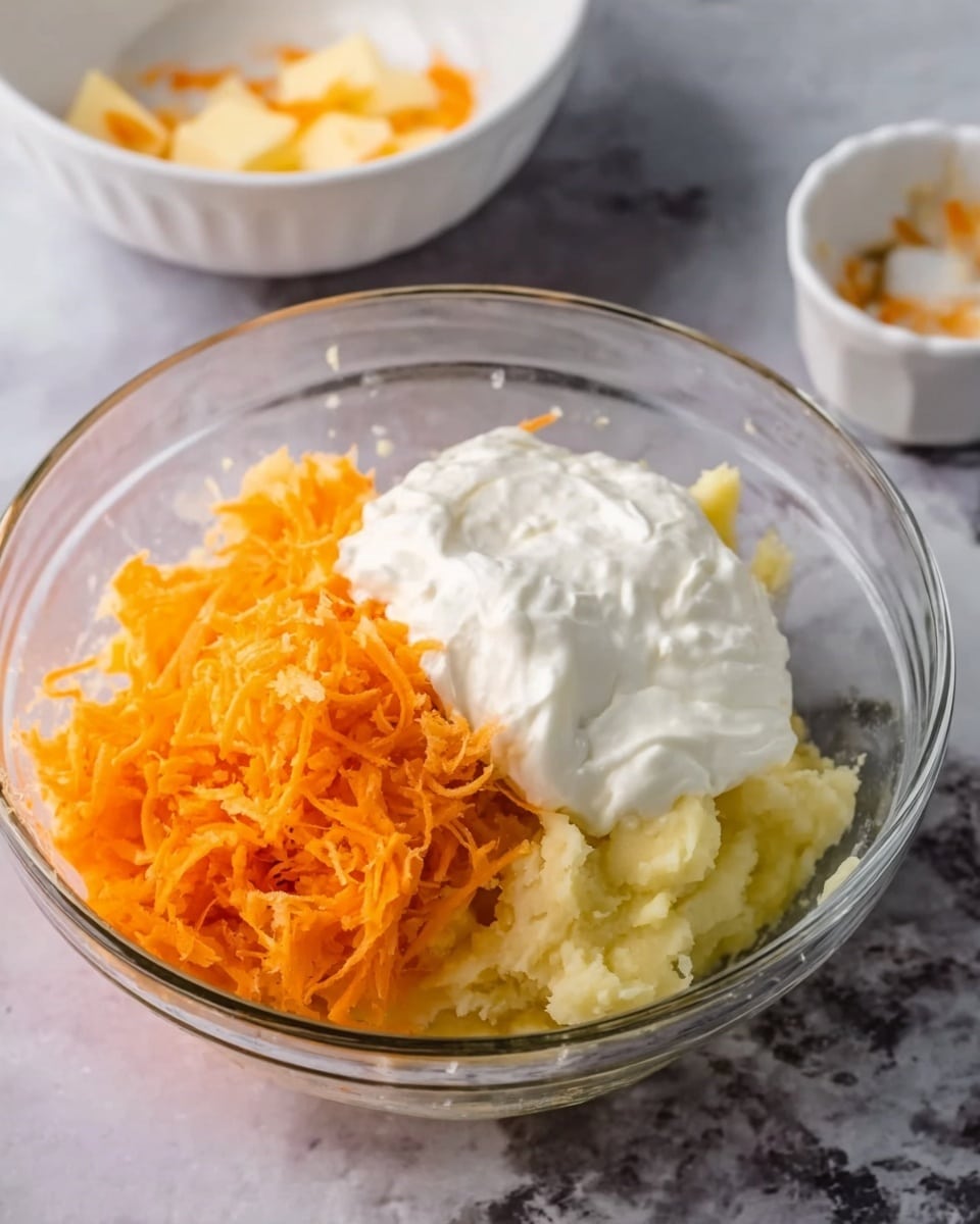 A clear glass bowl on a white marbled surface holds three distinct layers of food: the bottom layer is light yellow mashed potatoes with a soft, fluffy texture; next to it is a pile of finely shredded, bright orange carrots; the top layer is a large dollop of thick, white creamy sauce covering part of the carrots and mashed potatoes. In the background, there are two white bowls, one with a few light yellow pieces and some orange flakes, and the other mostly empty. Photo taken with an iphone --ar 4:5 --v 7