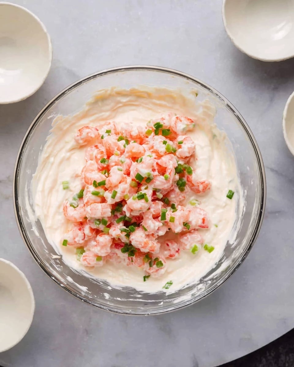 A clear glass bowl sits on a white marbled surface, filled with a creamy white mixture as the base layer. On top, there is a layer of small, bright pink shrimp chunks scattered unevenly across the cream. Bright green pieces of chopped scallions are mixed in with the shrimp, adding color contrast. Around the bowl, there are several empty white bowls of varying sizes, positioned randomly on the white marbled surface. Photo taken with an iphone --ar 4:5 --v 7