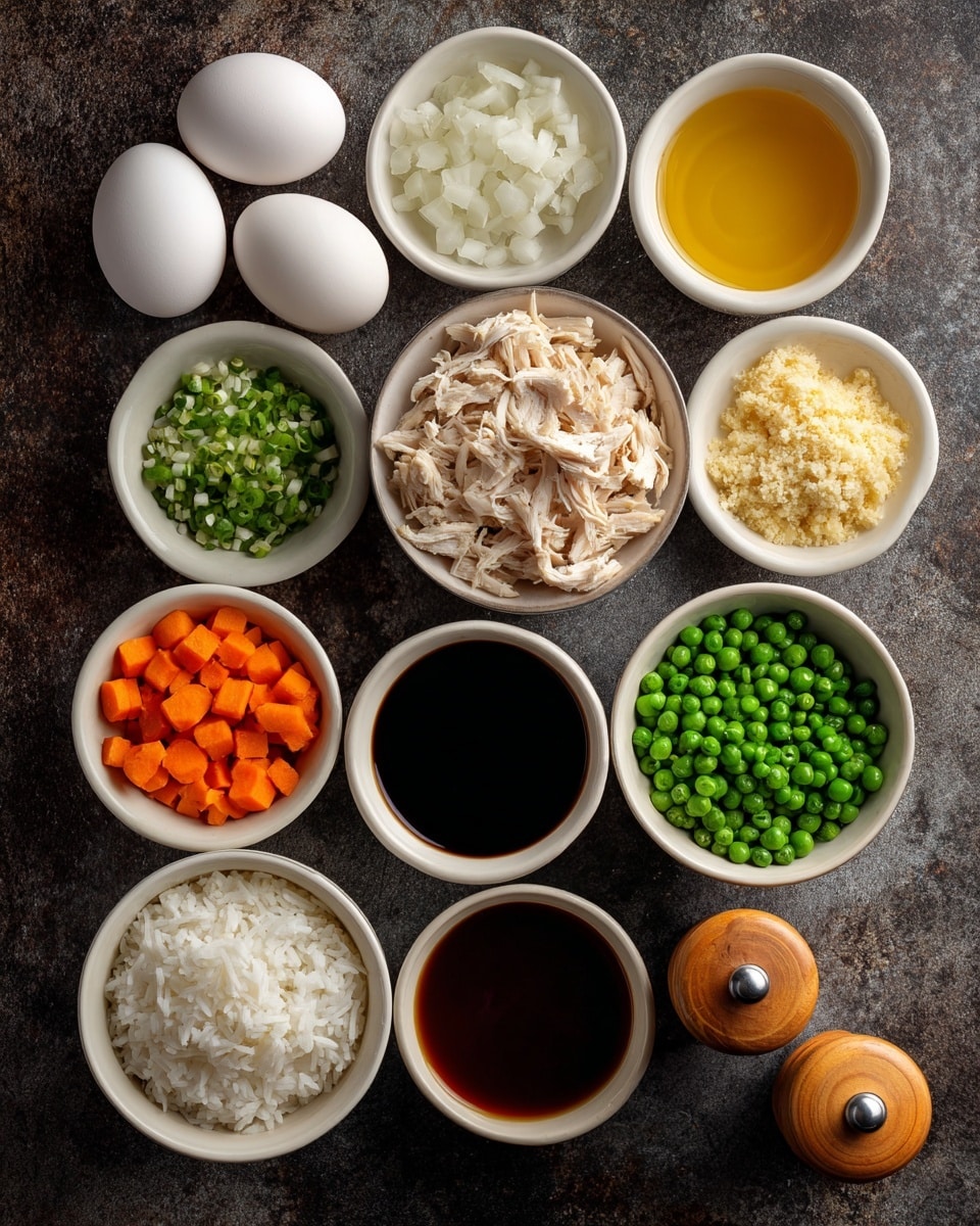 The image shows a flat lay of ingredients arranged neatly on a dark textured surface now described as white marbled texture. There are ten white bowls placed in a loose circle with two white eggs to the left and two wooden salt and black pepper grinders to the right. Starting from the top left, there is a bowl filled with small white pieces of sweet onion, next is a bowl with light golden sesame oil, and to the right is a bowl with minced garlic that is pale yellow. Below these are a bowl with shredded light beige rotisserie chicken in the center, a bowl with dark soy sauce to the right, and a bowl of chopped green onions with bright green color further right. At the bottom left corner is a bowl with orange carrot chunks and green peas mixed, to its right is a bowl of clear light yellow vegetable oil, then a bowl with dark brown oyster sauce, and finally a bowl filled with cooked white rice at the bottom center. The two white eggs are between the sweet onions and chicken bowl, while the salt and black pepper grinders are at the bottom right corner. photo taken with an iphone --ar 4:5 --v 7