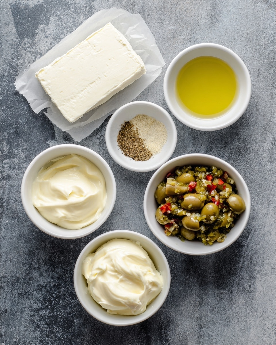 The image shows five white bowls and an unwrapped block of cream cheese arranged on a dark gray textured surface with a white marbled texture. The block of cream cheese is at the top left, smooth and white, with foil paper partially opened around it. To its right, a small white bowl holds light brown garlic powder and black pepper side by side. Below, in the center, another bowl contains a pale yellow olive brine liquid. At the bottom left, a white bowl is filled with creamy white mayonnaise, smooth in texture. The bottom right bowl is filled with chopped green olives mixed with small pieces of red pimentos, showing a bright mix of green and red colors. Photo taken with an iphone --ar 4:5 --v 7