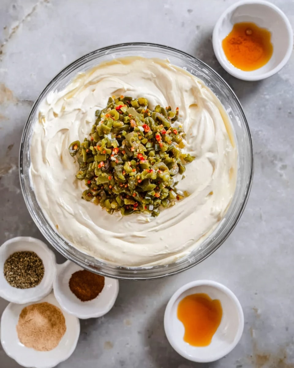 A large clear glass bowl sits on a white marbled surface, filled with a thick, smooth, creamy white mixture as the base. In the center atop this creamy layer, there is a pile of chopped green olives with small bits of red pepper mixed in, adding a pop of green and orange colors. Around the large bowl, there are three small white bowls; one is empty, the second contains three small piles of fine, light orange powder, light brown powder, and black pepper, while the third bowl shows a few small drops of orange liquid on the side. Photo taken with an iphone --ar 4:5 --v 7